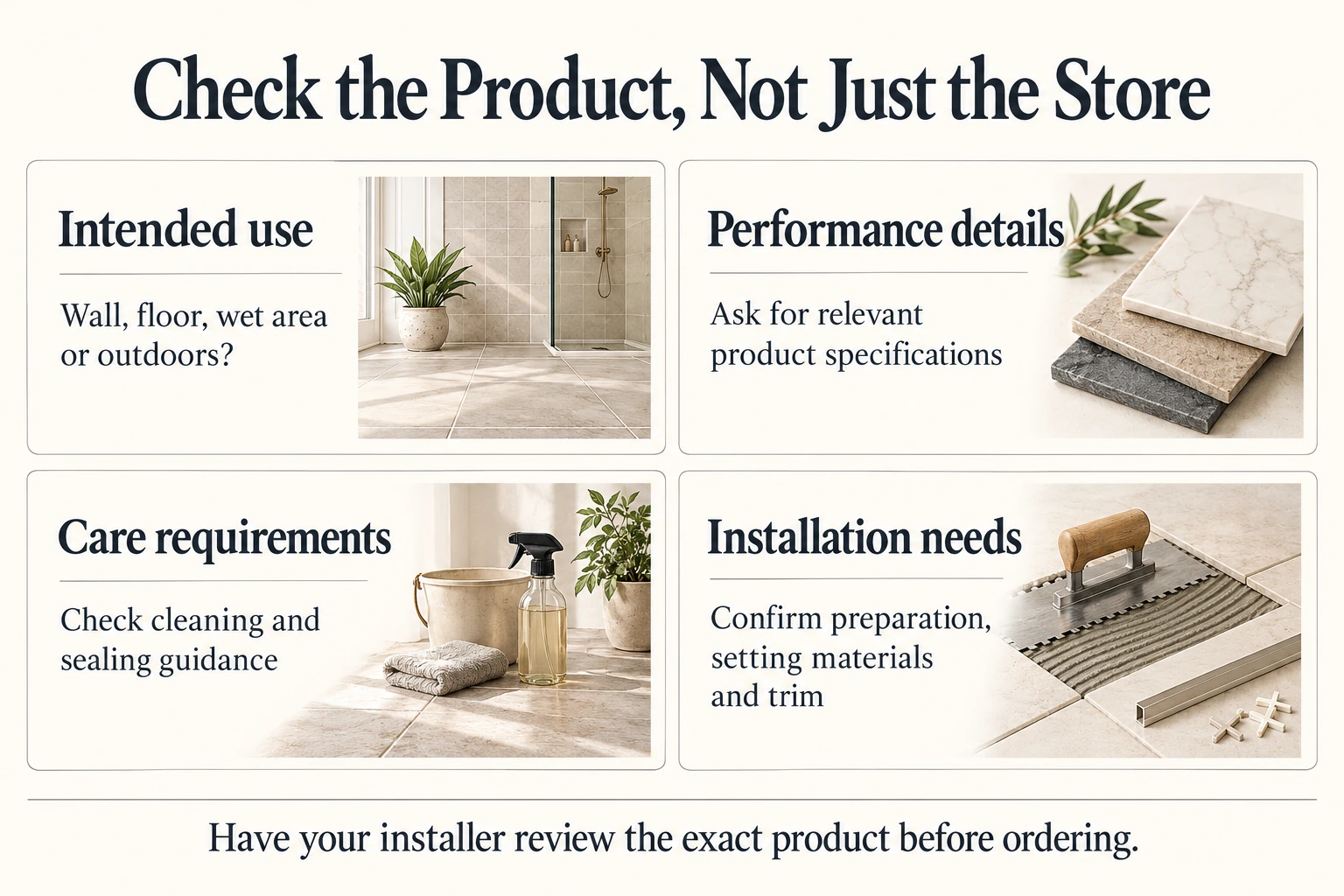Tile-buying checklist covering intended use, specifications, care, and installation