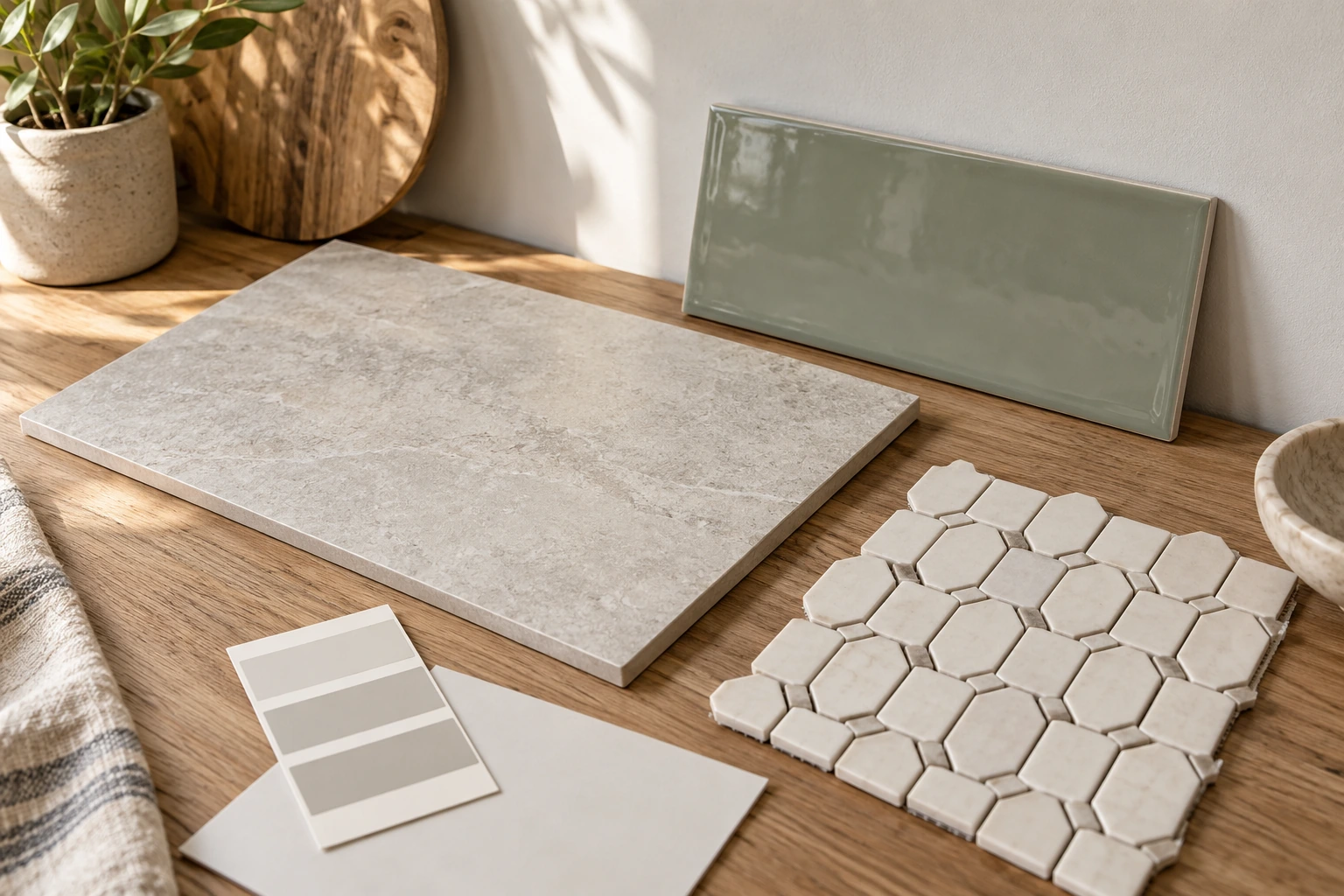Stone-look, sage, and ivory mosaic tile samples with grout colors